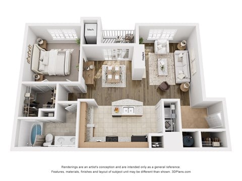 Floor plan for 1 bed, 1 bath, 872 sqft